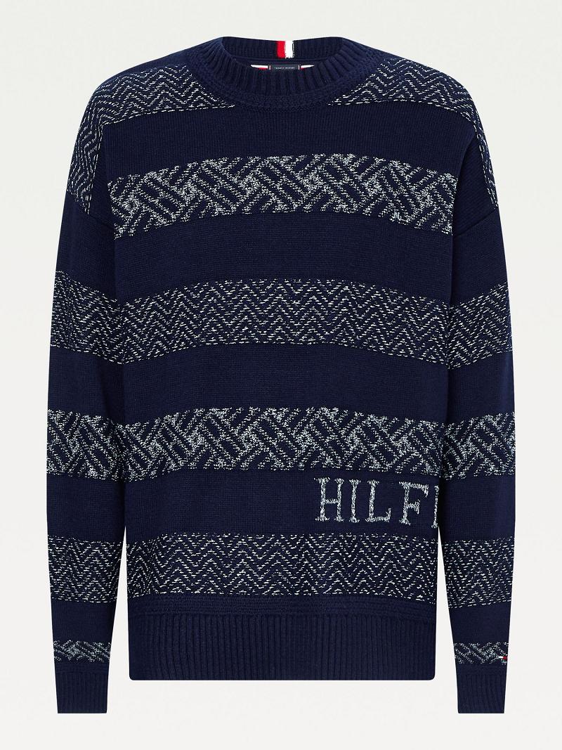 Navy / White Men's Tommy Hilfiger Oversized fair isle logo Sweaters | AU_M31169