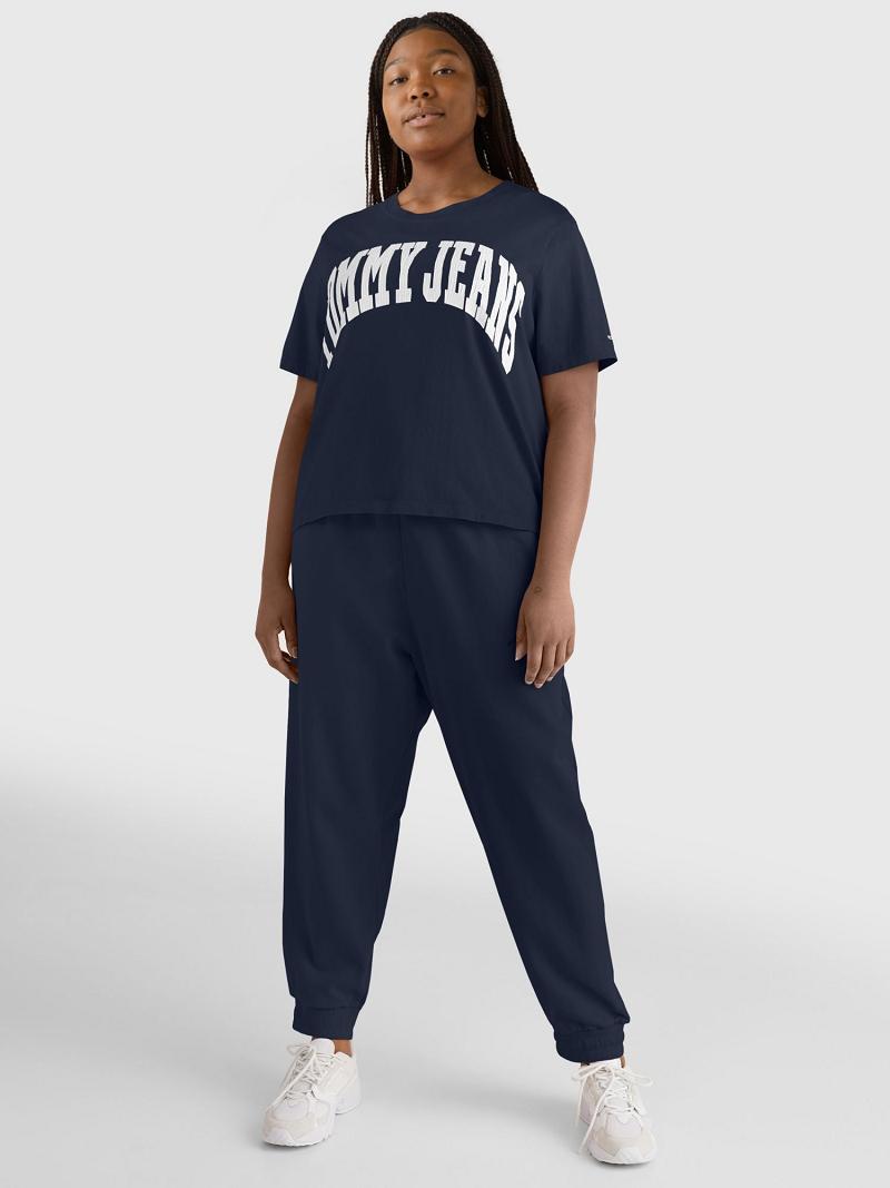 Navy Women's Tommy Hilfiger Curve Oversized Cropped Collegiate T Shirts | AU_W21441