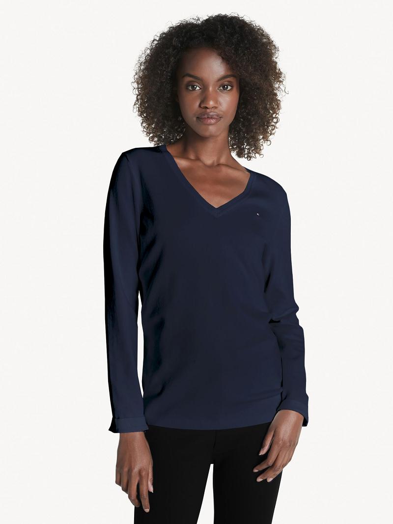 Navy Women\'s Tommy Hilfiger Essential Solid V-Neck Sweaters | AU_W21351