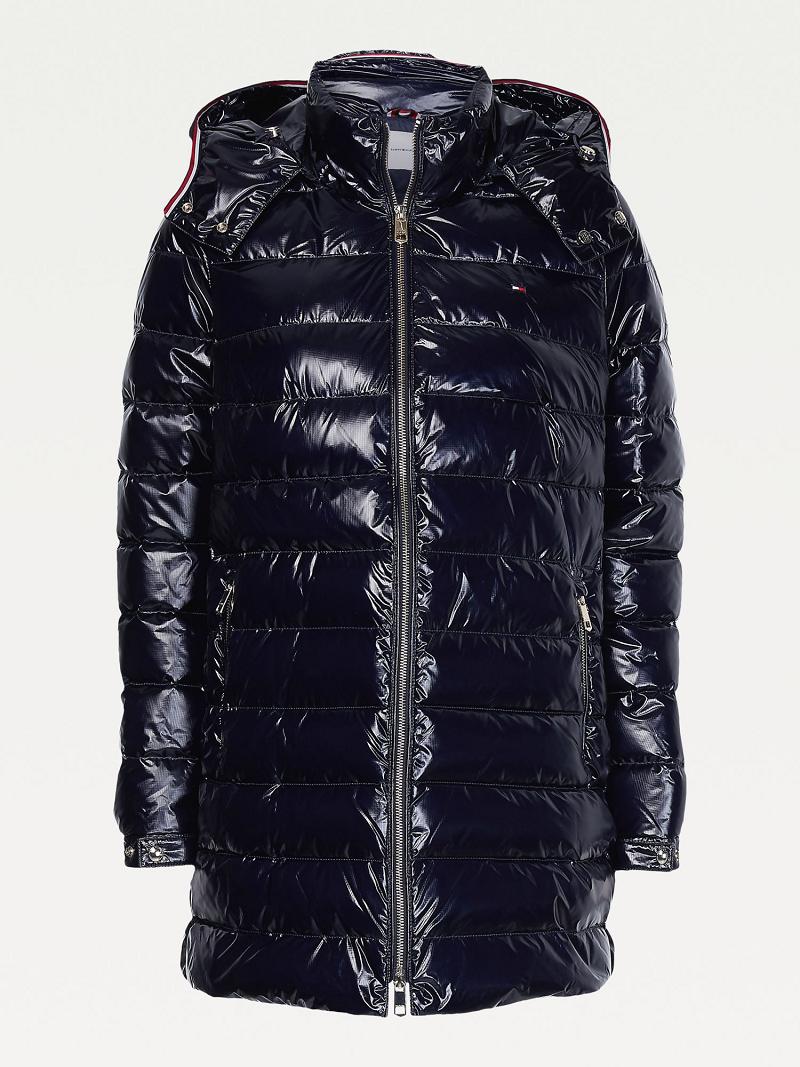 Navy Women's Tommy Hilfiger Glossy Hooded Puffer Coats | AU_W21031