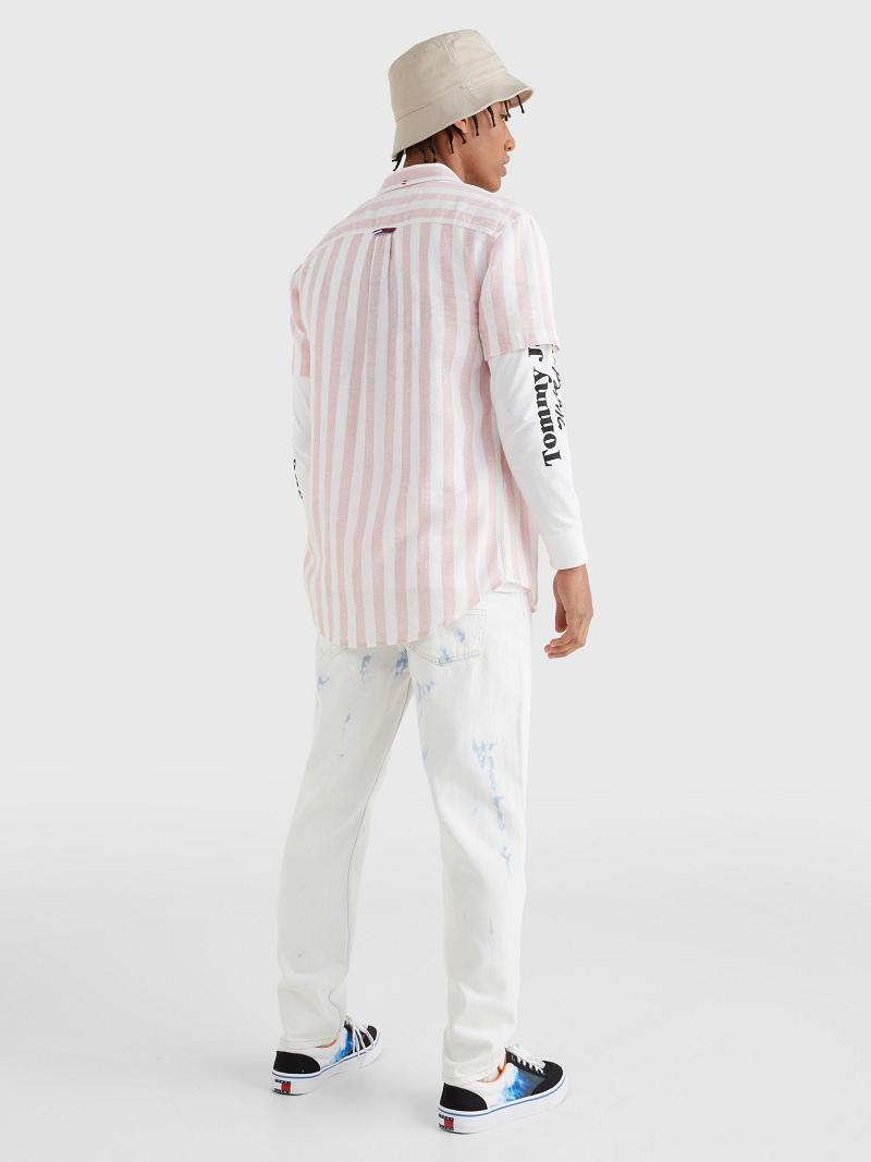 Pink / White Men's Tommy Hilfiger Linen mix stripe Shirts | AU_M31262