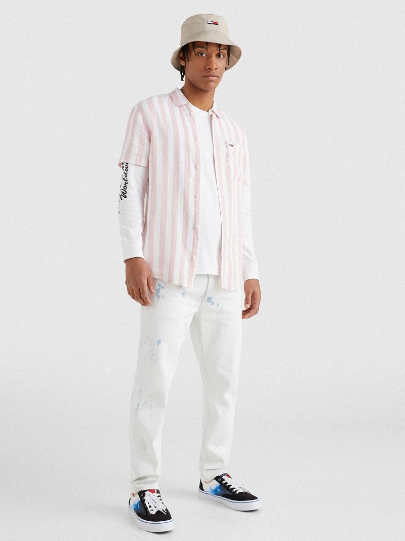 Pink / White Men's Tommy Hilfiger Linen mix stripe Shirts | AU_M31262