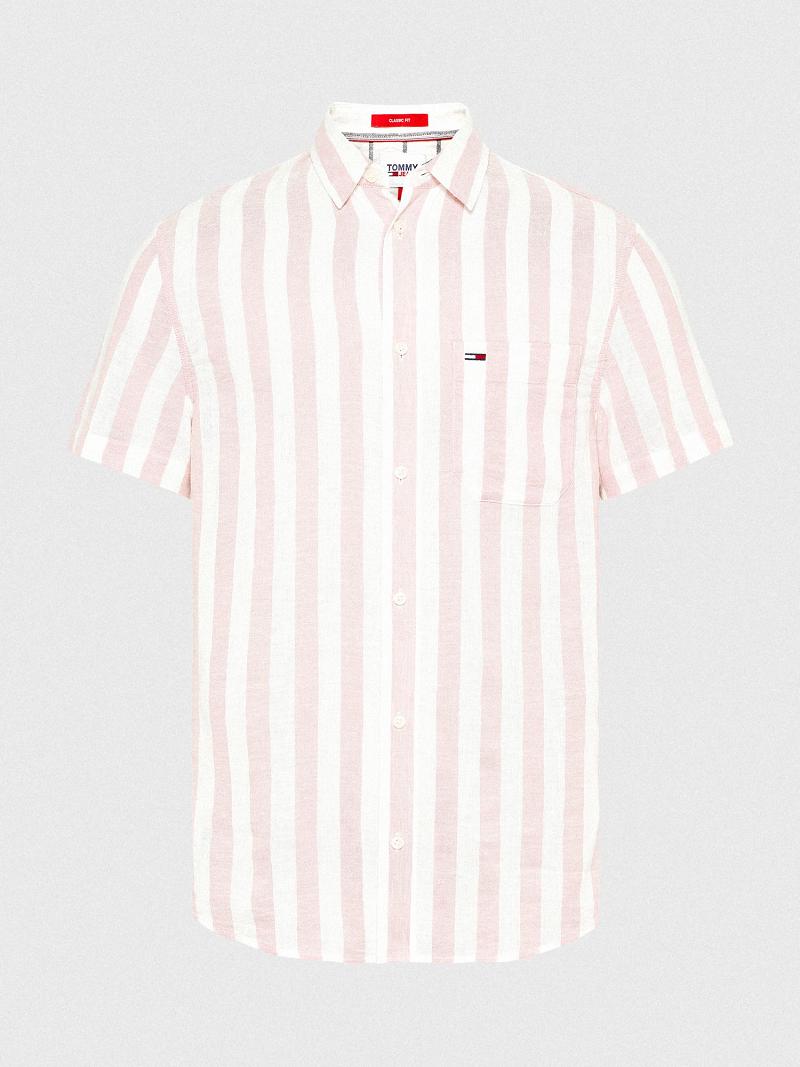 Pink / White Men's Tommy Hilfiger Linen mix stripe Shirts | AU_M31262