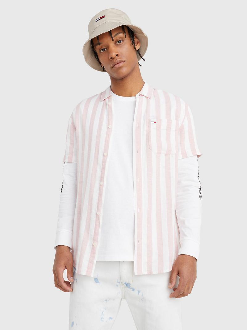 Pink / White Men\'s Tommy Hilfiger Linen mix stripe Shirts | AU_M31262