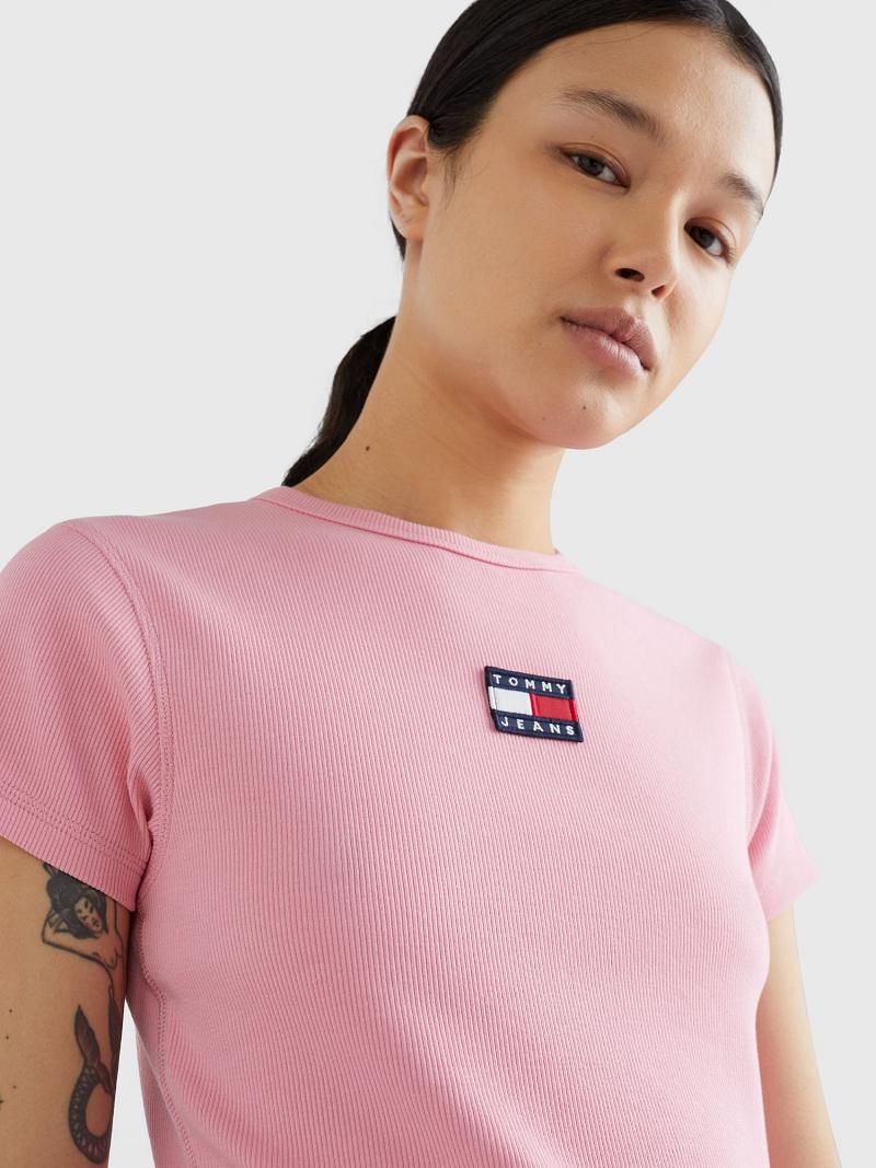 Pink Women's Tommy Hilfiger Cropped Ribbed Badge T Shirts | AU_W21438