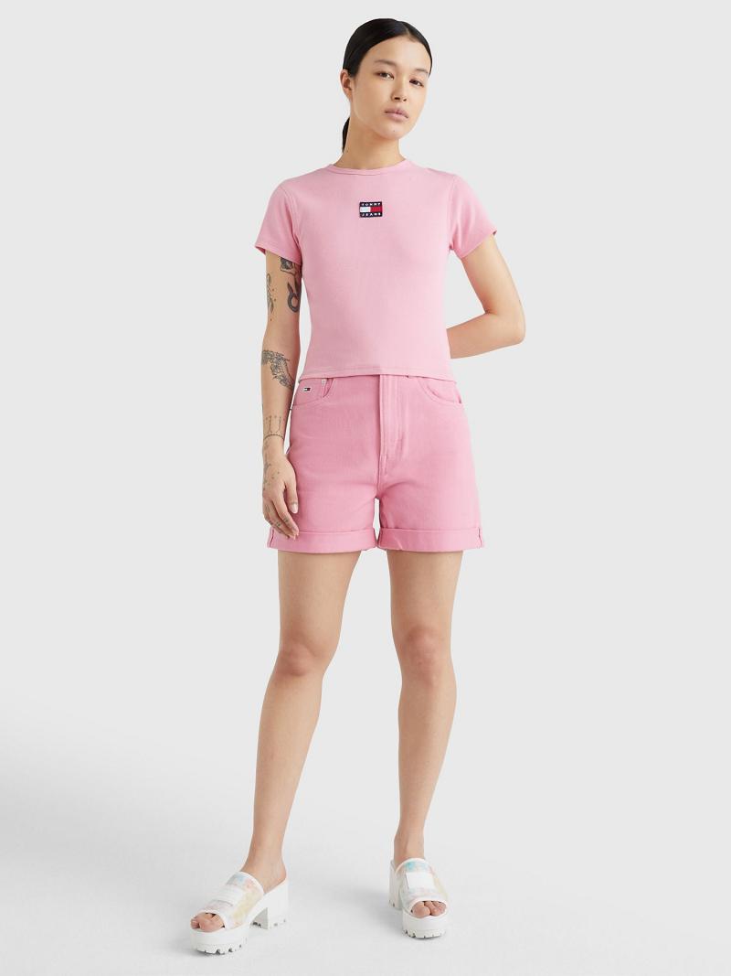 Pink Women's Tommy Hilfiger Cropped Ribbed Badge T Shirts | AU_W21438