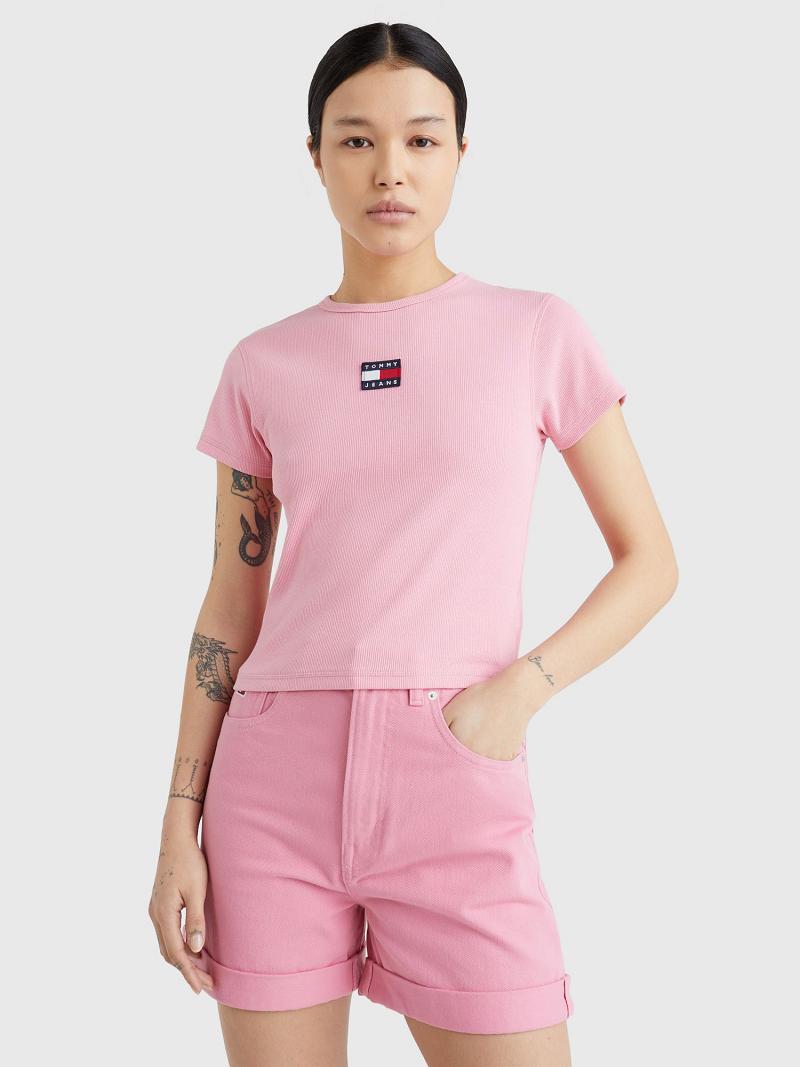 Pink Women\'s Tommy Hilfiger Cropped Ribbed Badge T Shirts | AU_W21438