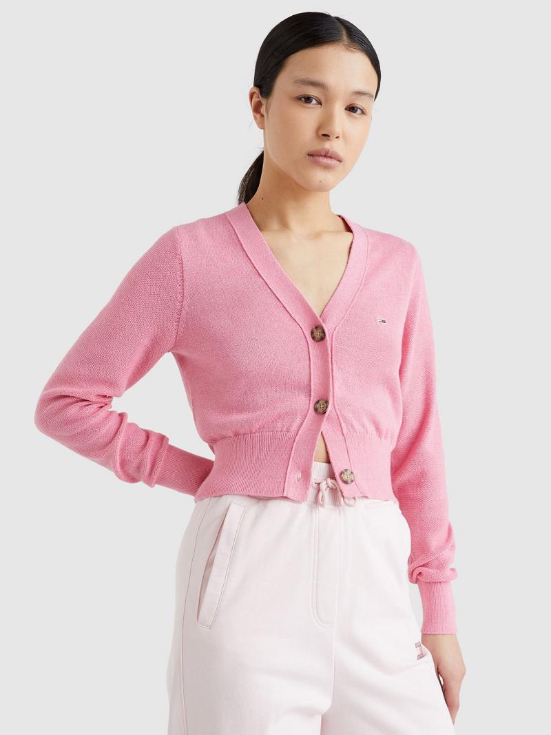 Pink Women\'s Tommy Hilfiger Solid Cropped Cardigan Sweaters | AU_W21367