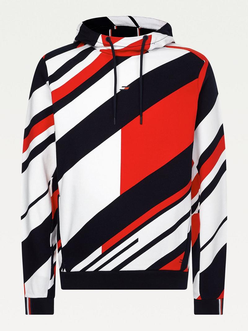 Red / Black / White Men\'s Tommy Hilfiger Organic cotton diagonal flag performance Hoodies | AU_M31452