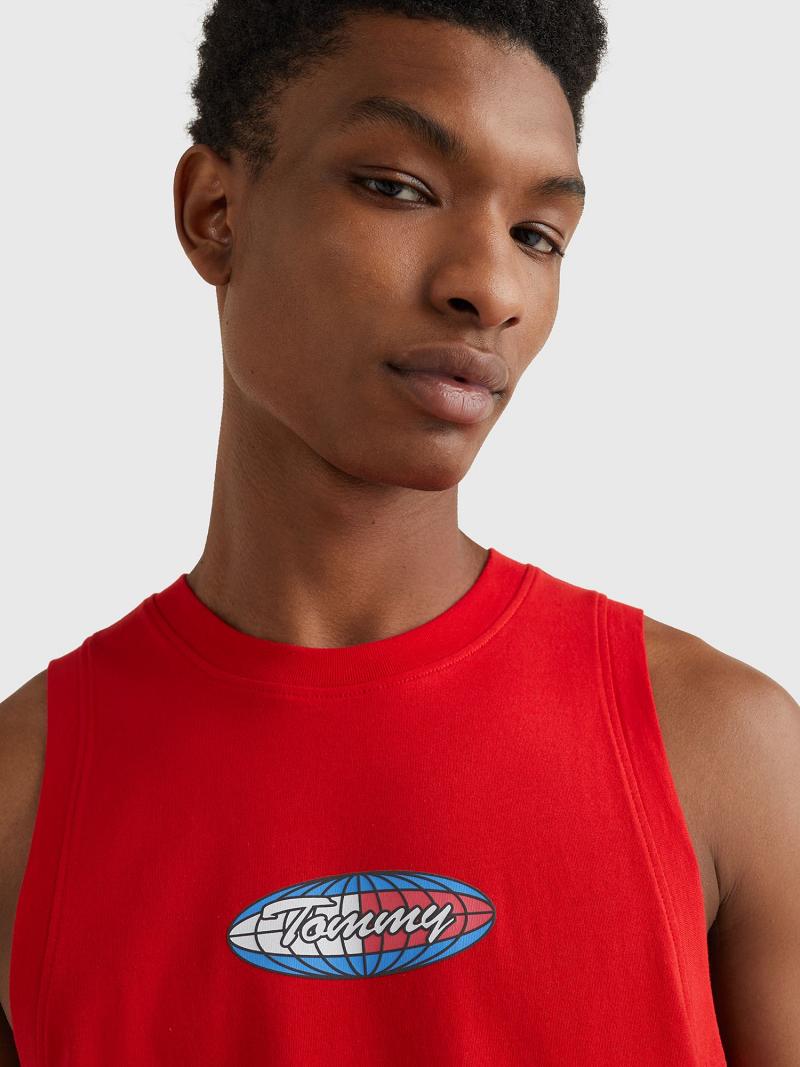 Red Men's Tommy Hilfiger Surf globe logo tank T Shirts | AU_M31076