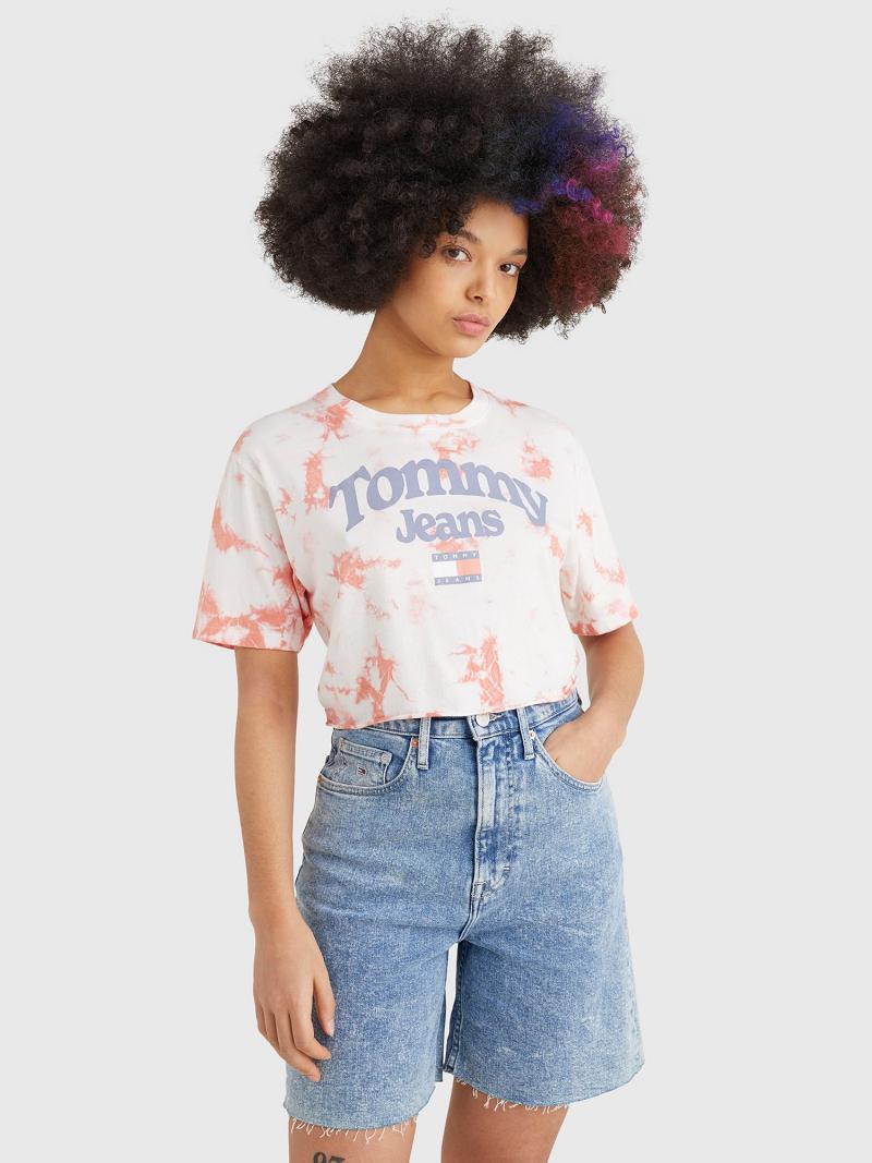 Red / White Women\'s Tommy Hilfiger Cropped Tie-Dye Logo T Shirts | AU_W21439