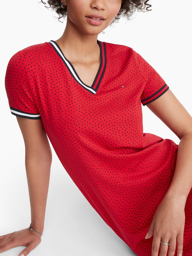 Red Women's Tommy Hilfiger Essential V-Neck Dot Print Dresses | AU_W21082