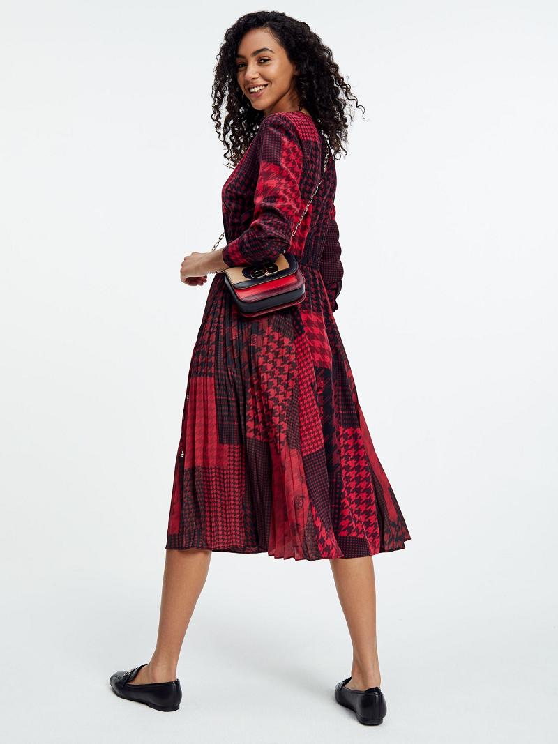 Red Women's Tommy Hilfiger Icon Houndstooth Patchwork Midi Dresses | AU_W21096