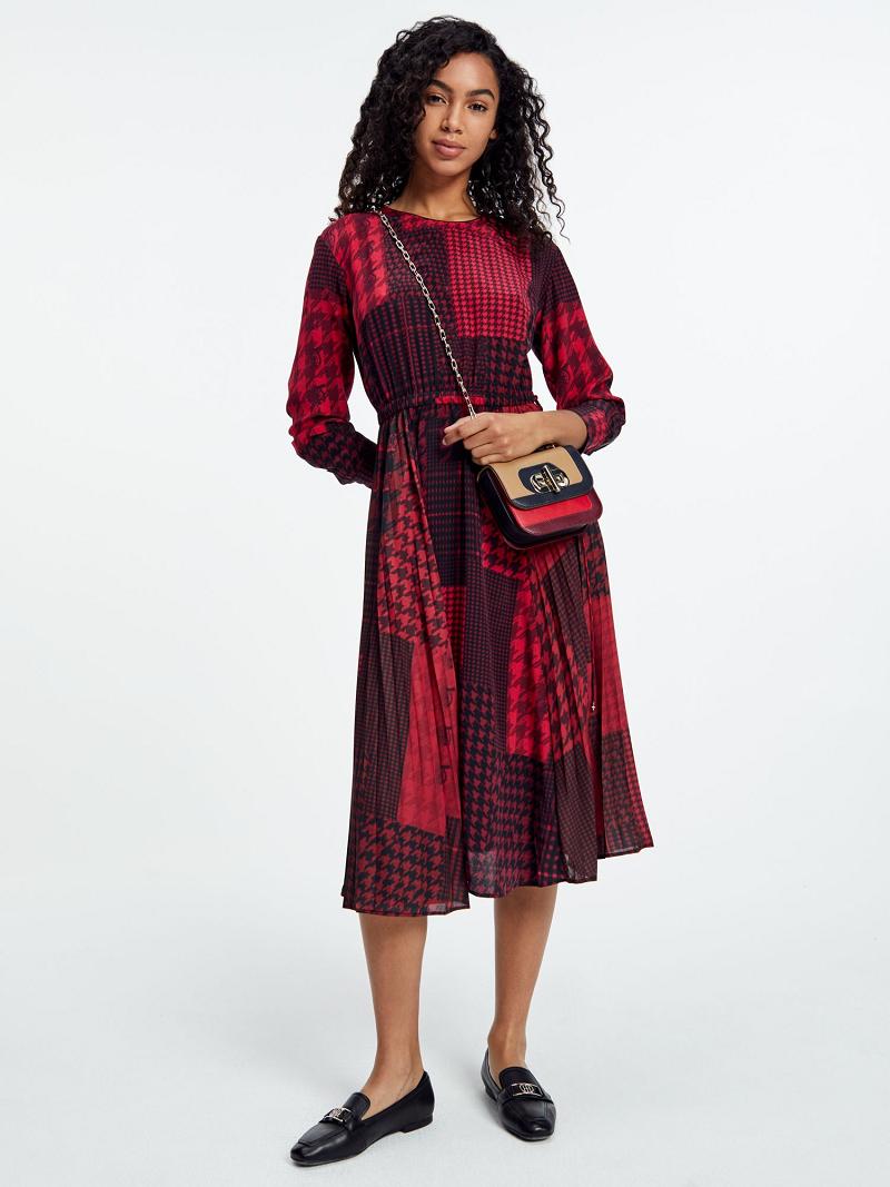 Red Women\'s Tommy Hilfiger Icon Houndstooth Patchwork Midi Dresses | AU_W21096