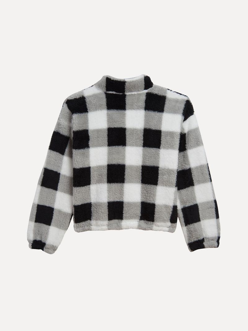 White / Black Kids' Tommy Hilfiger Big Check Popover Fleece Sweatshirts | AU_G1189