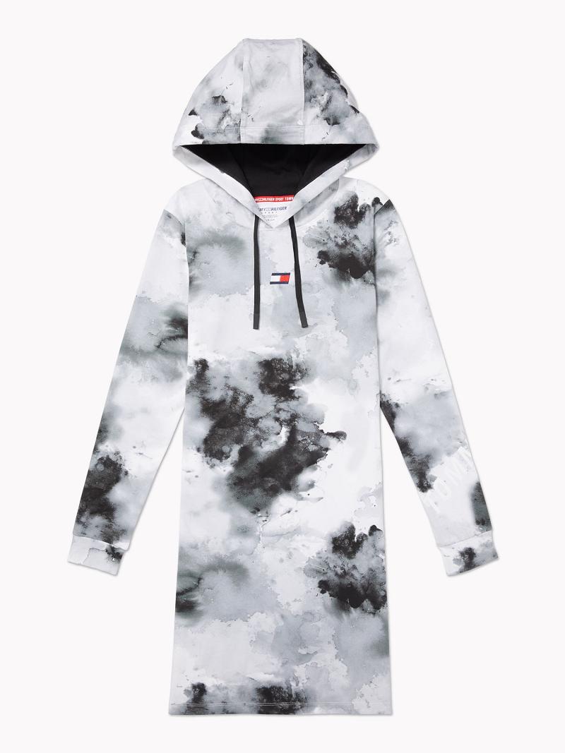 White / Black Women\'s Tommy Hilfiger Essential Watercolor Print Hoodie Dresses | AU_W21085