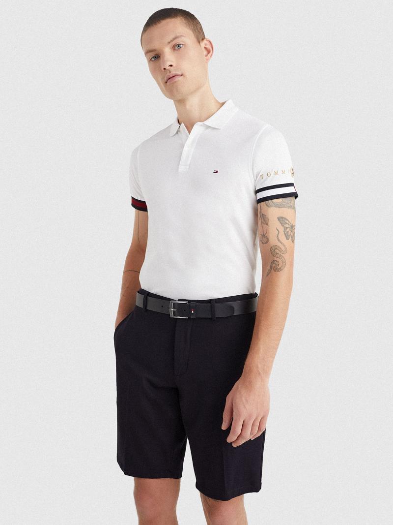 White Men\'s Tommy Hilfiger Icon slim fit flag cuff Polos | AU_M31292