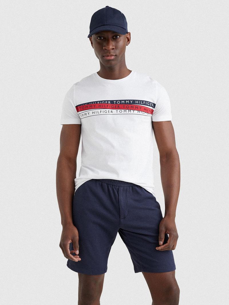 White Men\'s Tommy Hilfiger Logo Tape T Shirts | AU_M31053