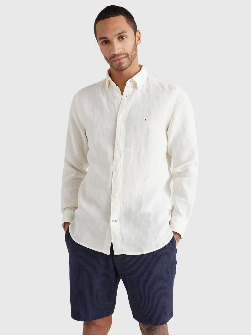 White Men\'s Tommy Hilfiger Regular fit pigment-dyed linen Shirts | AU_M31275