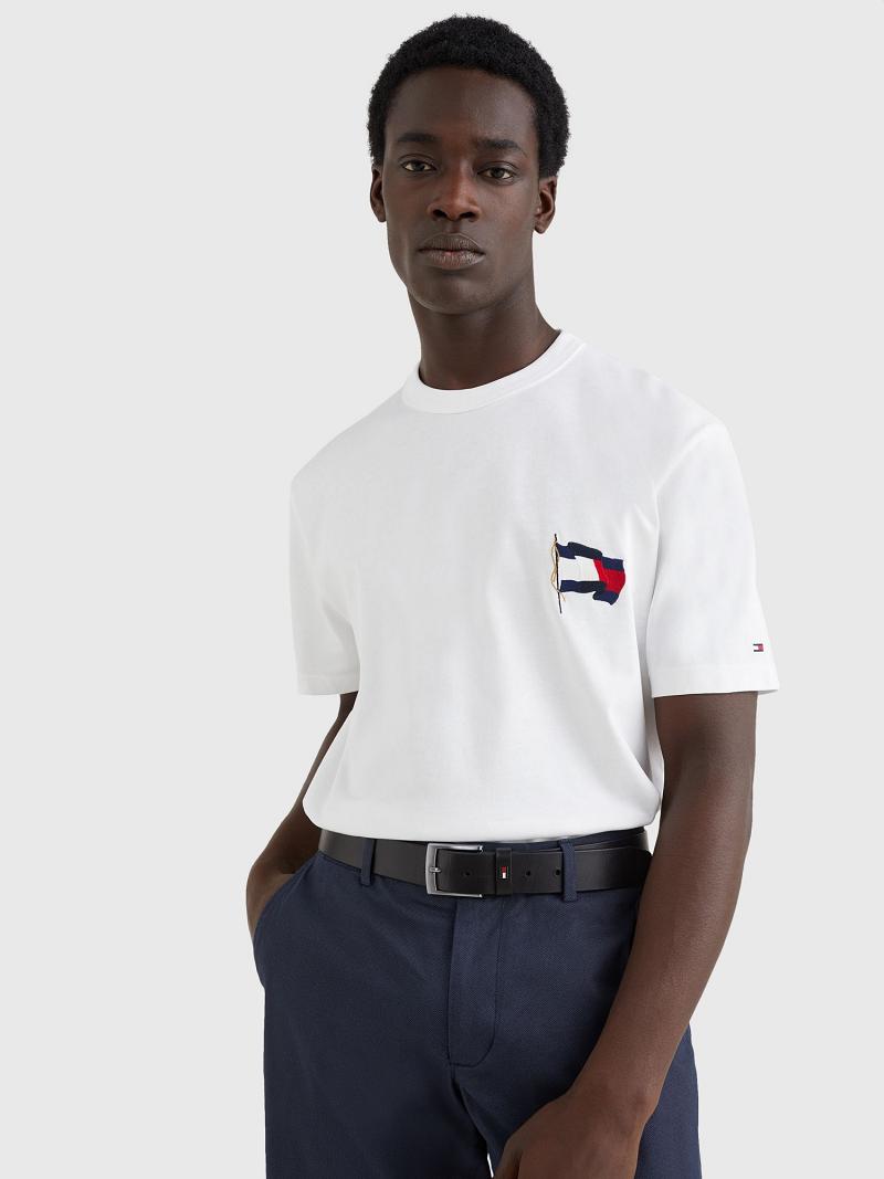 White Men\'s Tommy Hilfiger Wavy Flag T Shirts | AU_M31092