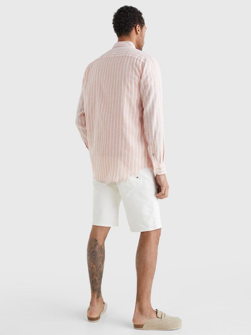 White / Pink Men's Tommy Hilfiger Casual fit stripe linen Shirts | AU_M31235