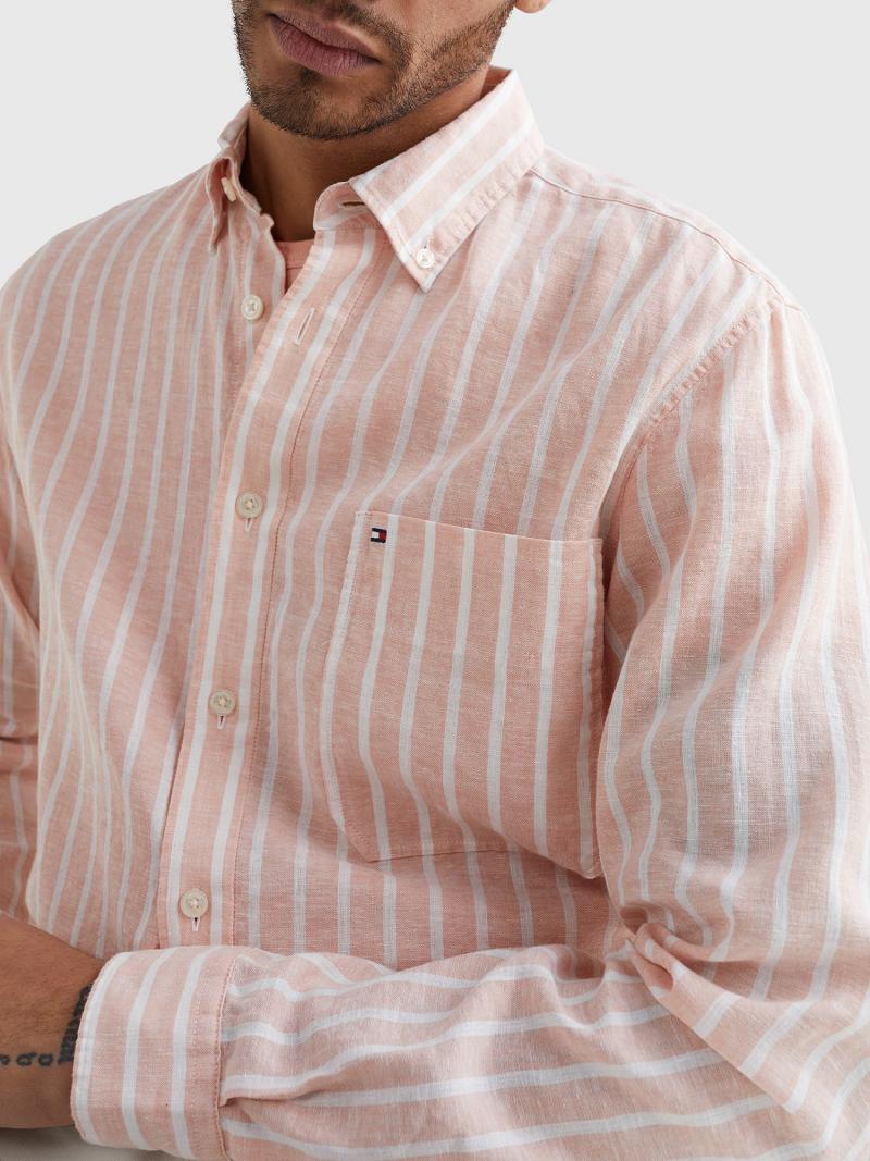 White / Pink Men's Tommy Hilfiger Casual fit stripe linen Shirts | AU_M31235