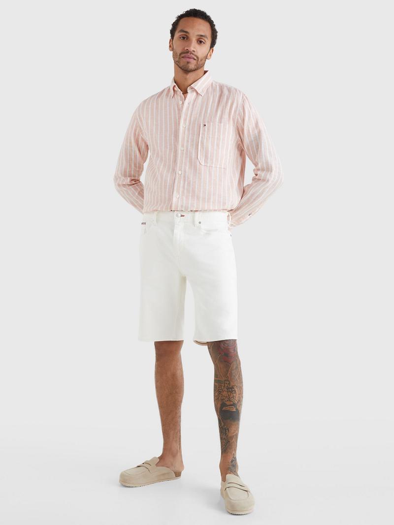 White / Pink Men's Tommy Hilfiger Casual fit stripe linen Shirts | AU_M31235