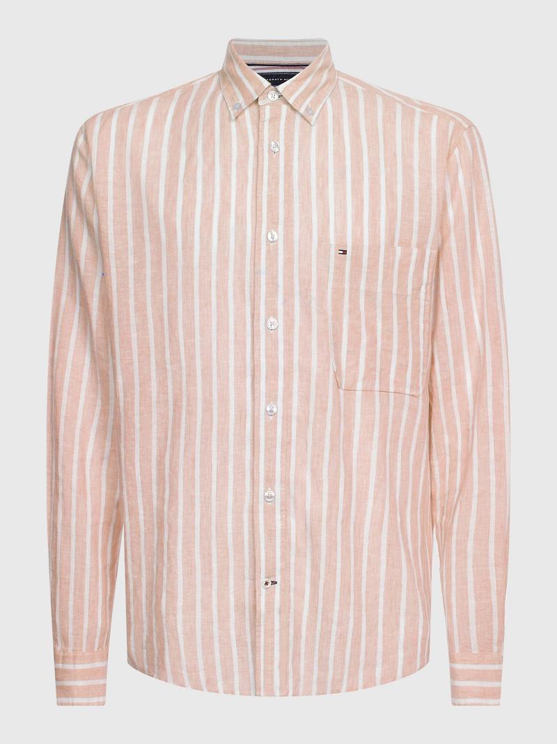 White / Pink Men's Tommy Hilfiger Casual fit stripe linen Shirts | AU_M31235