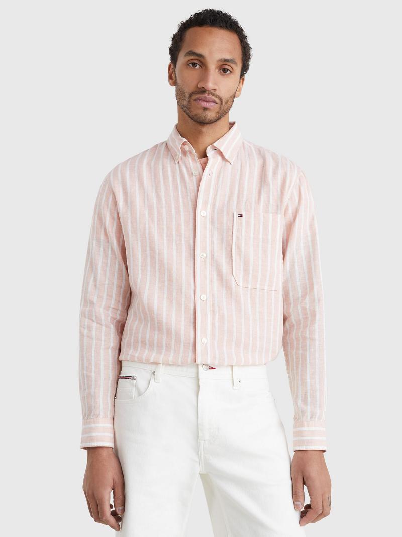 White / Pink Men\'s Tommy Hilfiger Casual fit stripe linen Shirts | AU_M31235