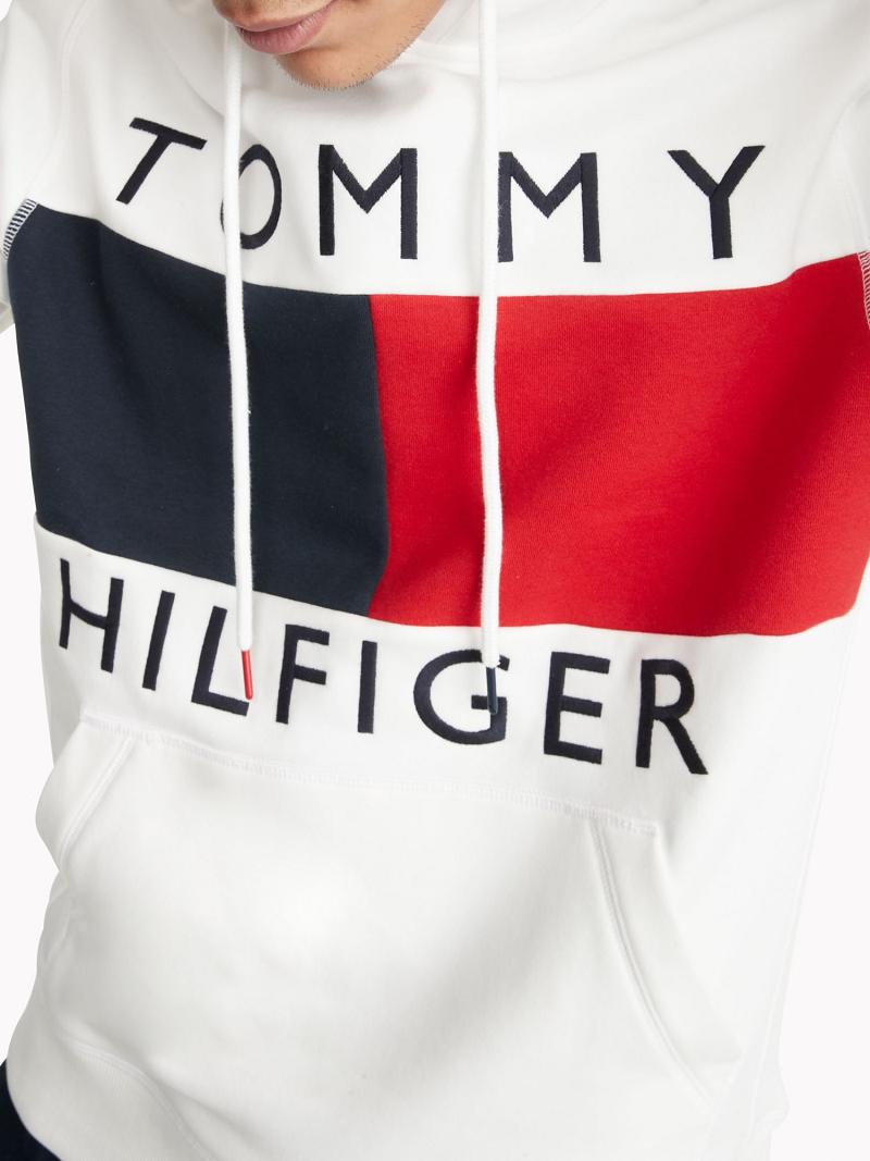 White / Red Men's Tommy Hilfiger Essential Flag Hoodies | AU_M31438