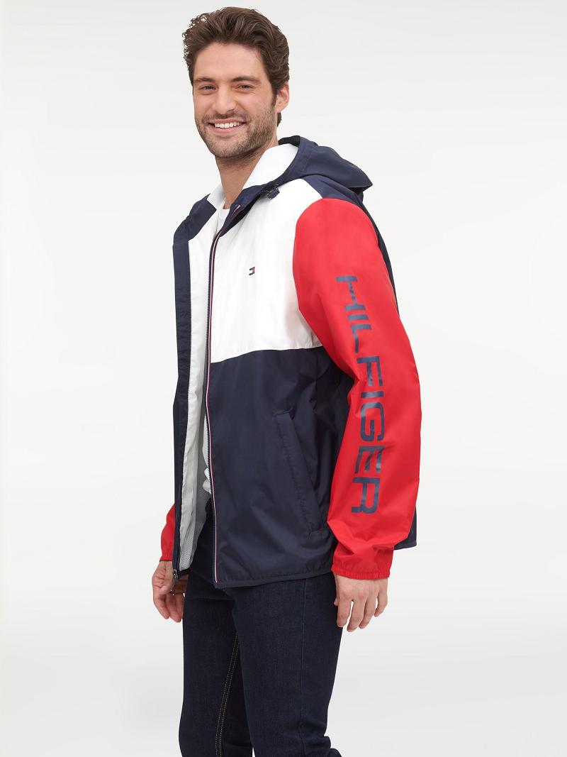 White / Red / Navy Men\'s Tommy Hilfiger Essential colorblock windbreaker Jackets | AU_M31400