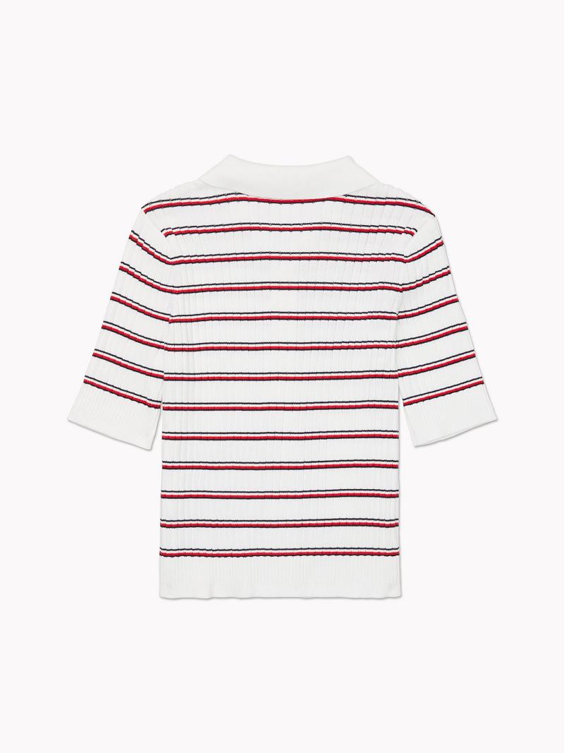 White / Red Women's Tommy Hilfiger Stripe Knit Cardigan Polos | AU_W21275