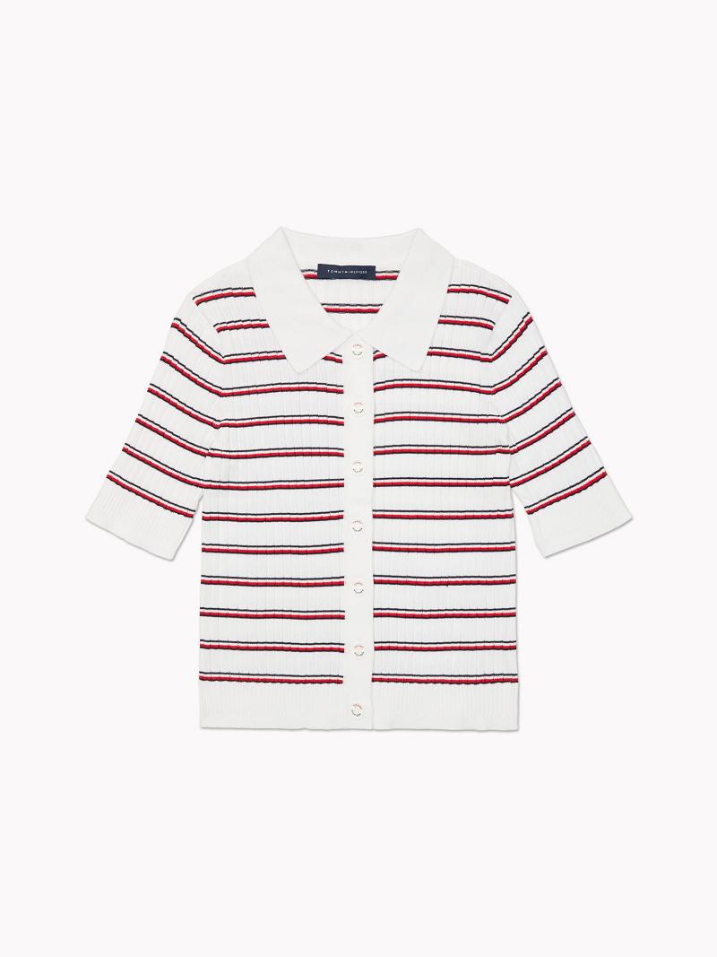 White / Red Women\'s Tommy Hilfiger Stripe Knit Cardigan Polos | AU_W21275