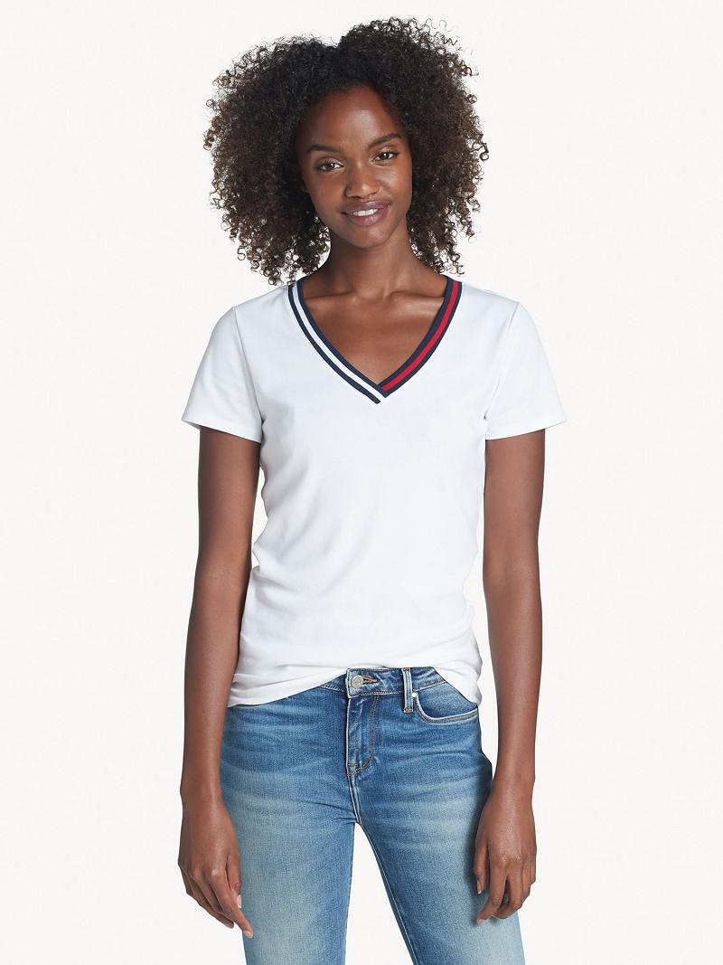 White Women\'s Tommy Hilfiger Essential V-Neck T Shirts | AU_W21452