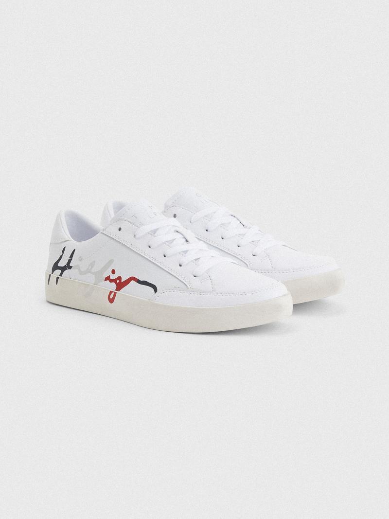 White Women\'s Tommy Hilfiger Leather Signature Sneakers | AU_W21633