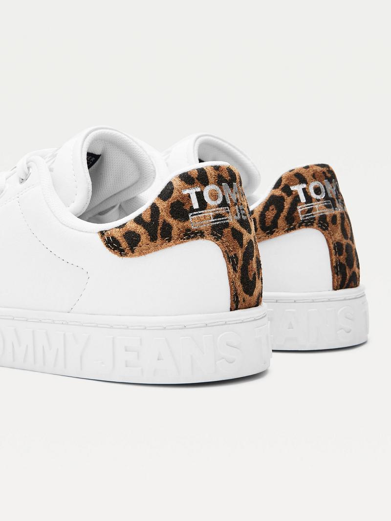 White Women's Tommy Hilfiger Leopard Accent Leather Sneakers | AU_W21635