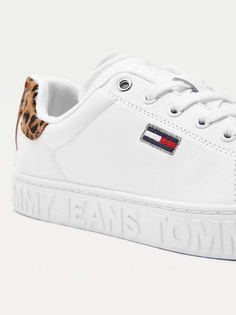 White Women's Tommy Hilfiger Leopard Accent Leather Sneakers | AU_W21635