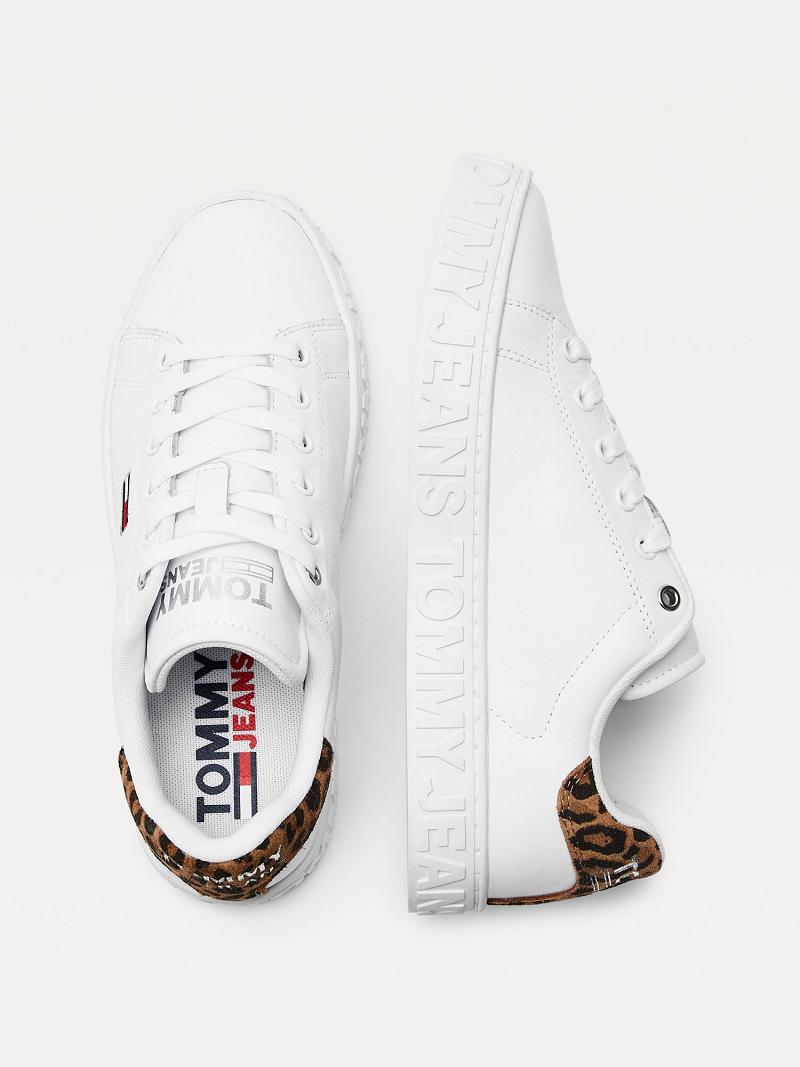 White Women's Tommy Hilfiger Leopard Accent Leather Sneakers | AU_W21635