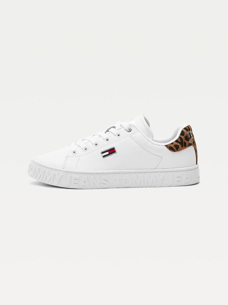 White Women's Tommy Hilfiger Leopard Accent Leather Sneakers | AU_W21635