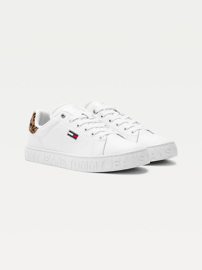 White Women\'s Tommy Hilfiger Leopard Accent Leather Sneakers | AU_W21635