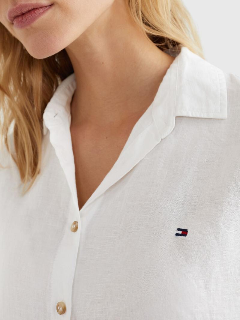 White Women's Tommy Hilfiger Linen Short-Sleeve Shirts | AU_W21286