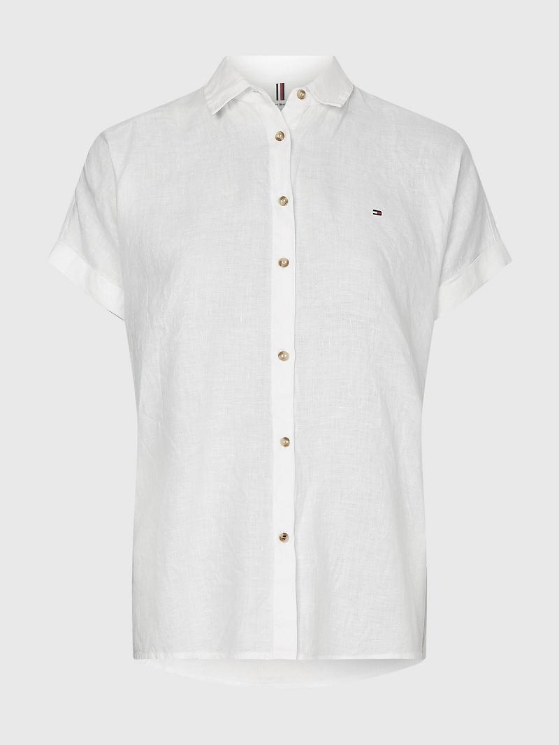 White Women's Tommy Hilfiger Linen Short-Sleeve Shirts | AU_W21286