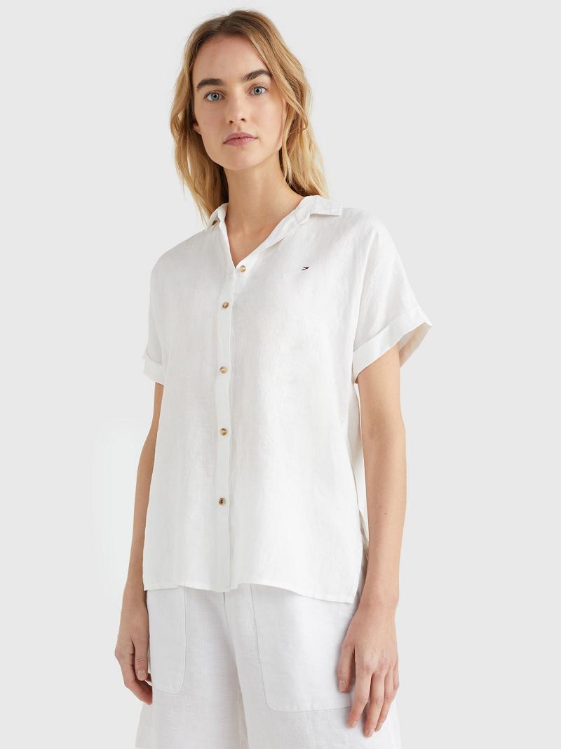 White Women\'s Tommy Hilfiger Linen Short-Sleeve Shirts | AU_W21286