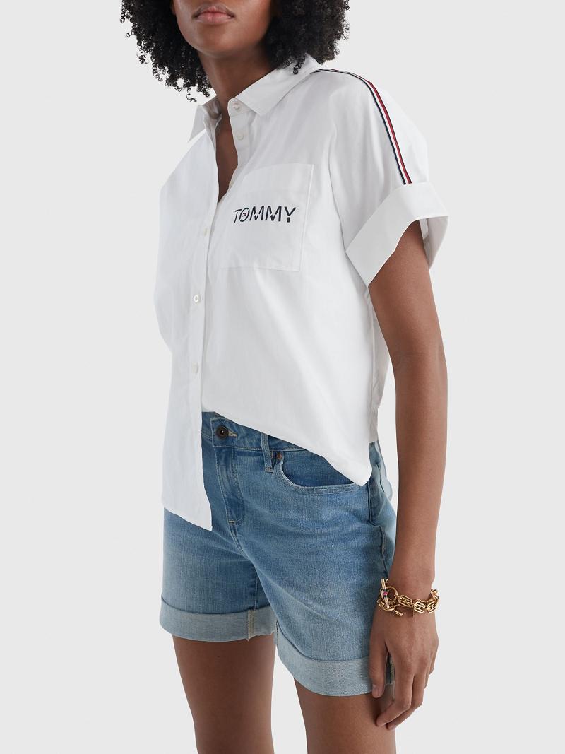 White Women\'s Tommy Hilfiger Logo Short-Sleeve Square Shirts | AU_W21287