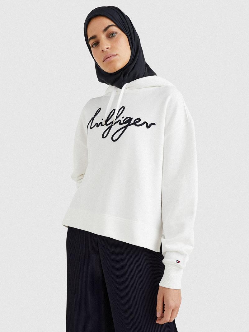 White Women\'s Tommy Hilfiger Script Logo Hoodies | AU_W21162