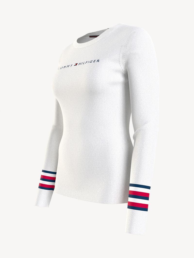 White Women's Tommy Hilfiger Signature Stripe Logo Sweaters | AU_W21366