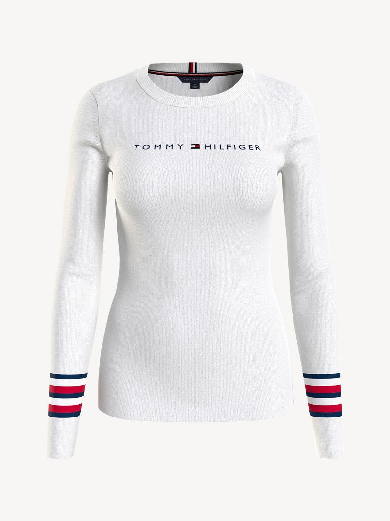 White Women\'s Tommy Hilfiger Signature Stripe Logo Sweaters | AU_W21366