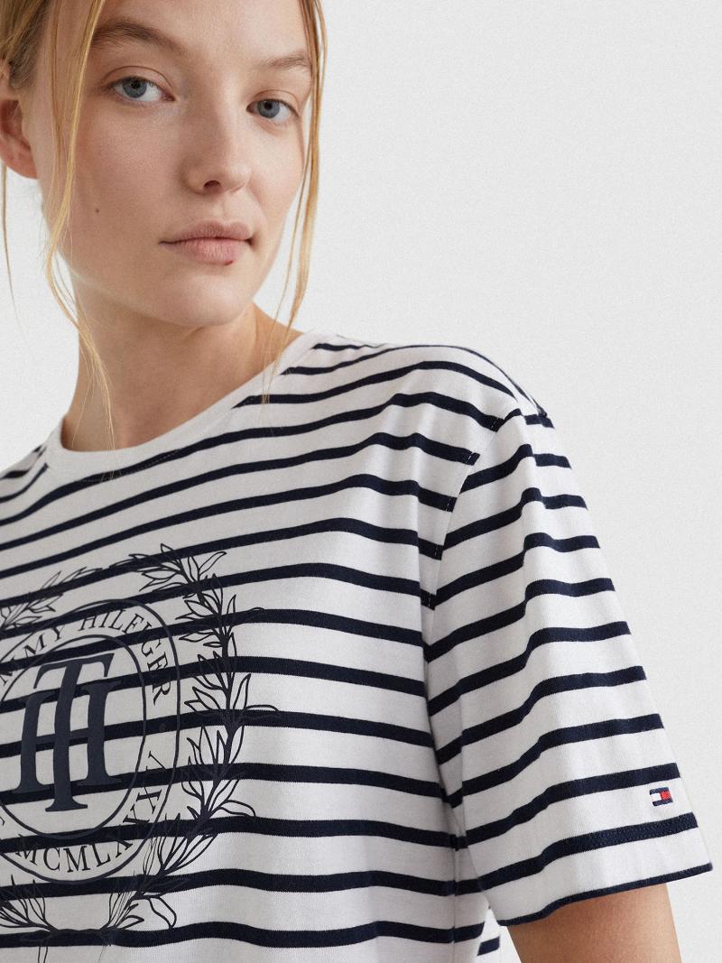 White Women's Tommy Hilfiger Stripe TH Crest Logo T Shirts | AU_W21477