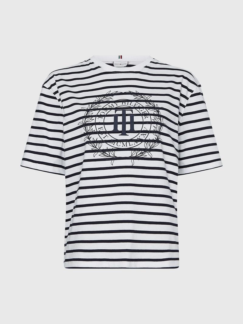 White Women's Tommy Hilfiger Stripe TH Crest Logo T Shirts | AU_W21477