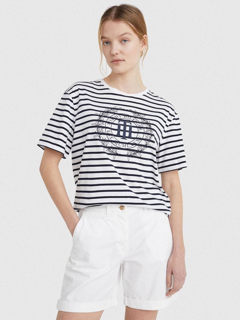 White Women\'s Tommy Hilfiger Stripe TH Crest Logo T Shirts | AU_W21477